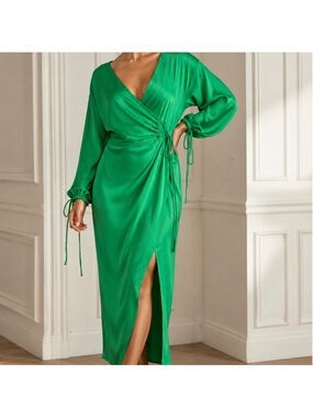 ASOS DESIGN Satin Wrap Midi Dress US 8 Green Balloon Sleeve Ruched Side Slit